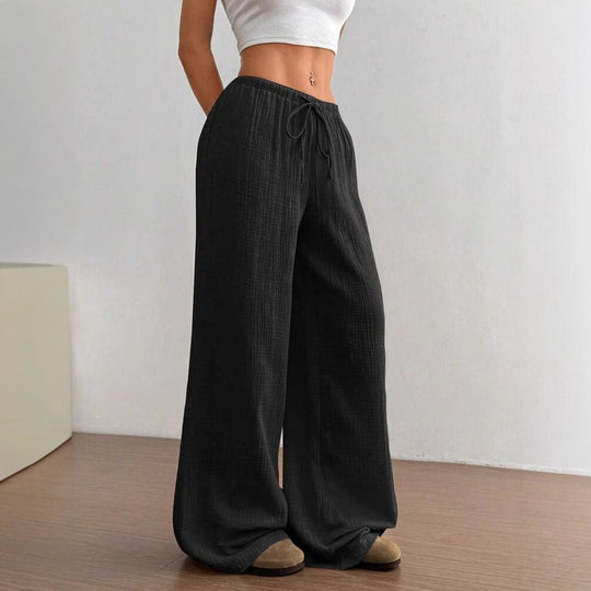 Damen weite Leinenoptik-Loungehose mit hohem Gummibund, Kordelzug & Crinkle-Struktur Shop Nory