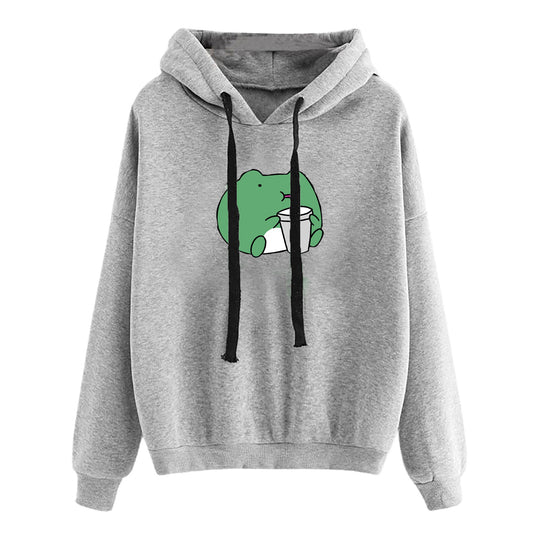 Damen nan kurz geschnittener Cropped-Kapuzenpullover mit niedlicher Frosch-Illustration und verstellbarer Kapuze Shop Nory