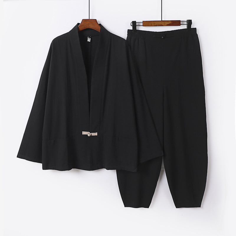 Herren Zen-Relax-Set mit offener Kimono-Jacke, dekorativem Knebelverschluss und tapered Harem-Joggpants Shop Nory