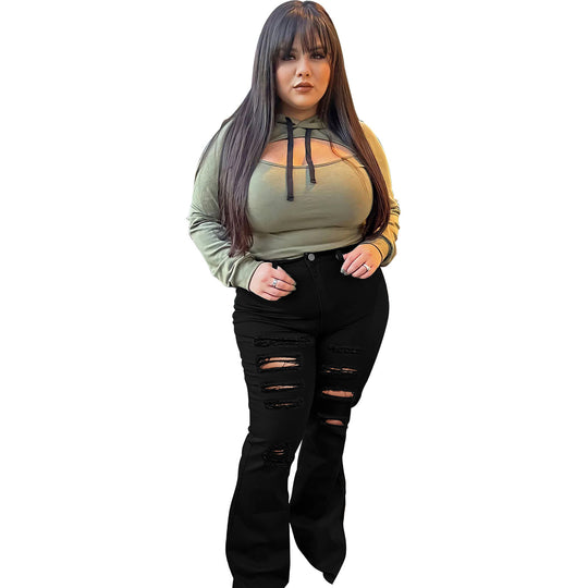 Damen hochtaillierte Flared-Jeans mit Destroyed-Rissen und sculptendem Stretchschnitt Shop Nory