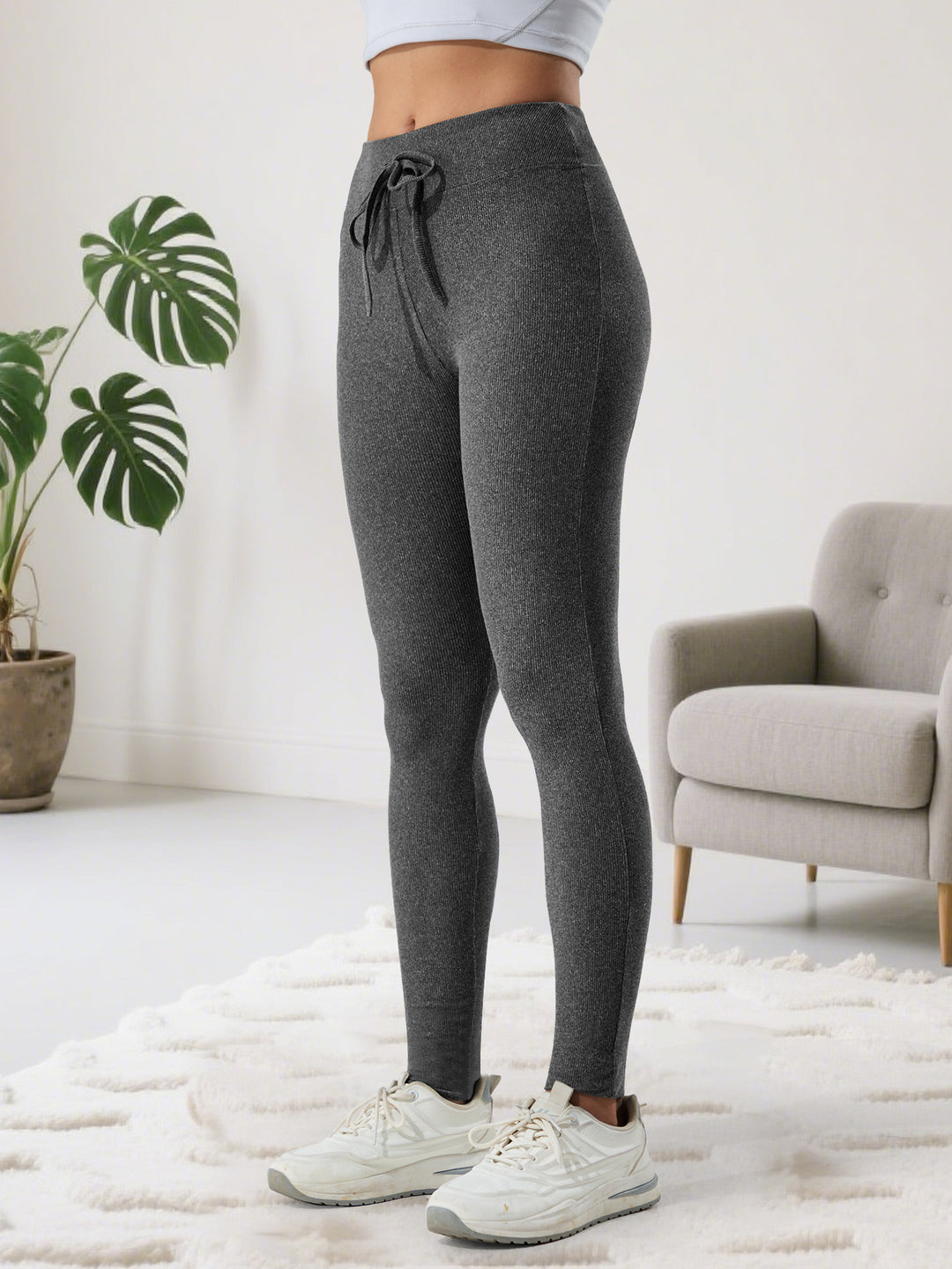 Damen Gerippte High-Waist Lounge-Leggings mit Kordelzug und figurformendem Bund Shopy Nory