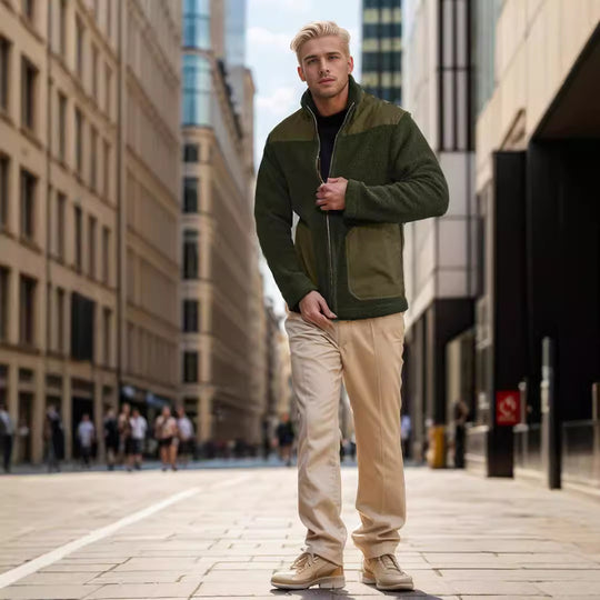 Herren Fleece-Bomberjacke mit Stehkragen, Kontrastpasse und Reißverschluss Shop Nory