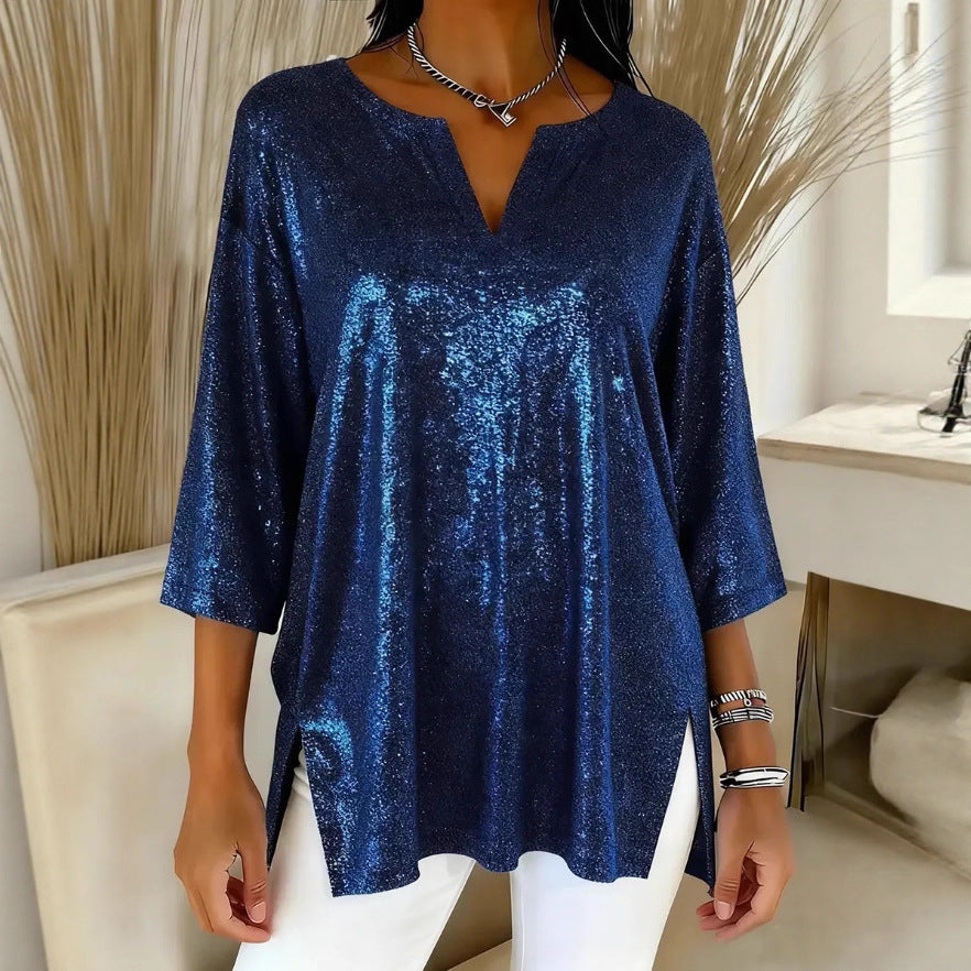 Damen Glitzerndes Oversize-Longshirt mit V-Ausschnitt und seitlichen Schlitzen Shop Nory