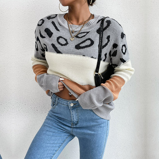 Damen Strickpullover mit Leopardenmuster und Blockstreifen Shop Nory