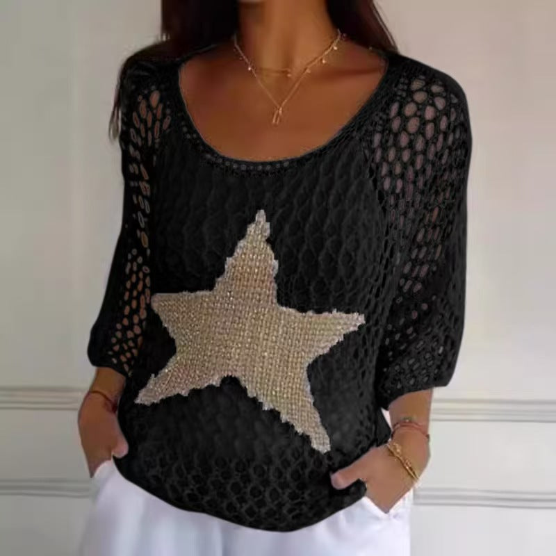 Damen nan oversized gehäkelter Pullover mit Sternapplikation und 3/4-Ärmeln Shop Nory