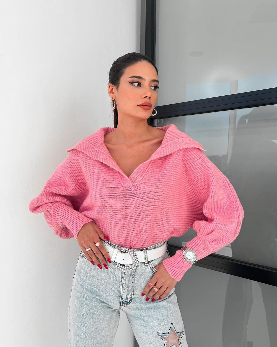 Damen Oversize Rippsweater mit Reverskragen und tiefem V‑Ausschnitt Shop Nory