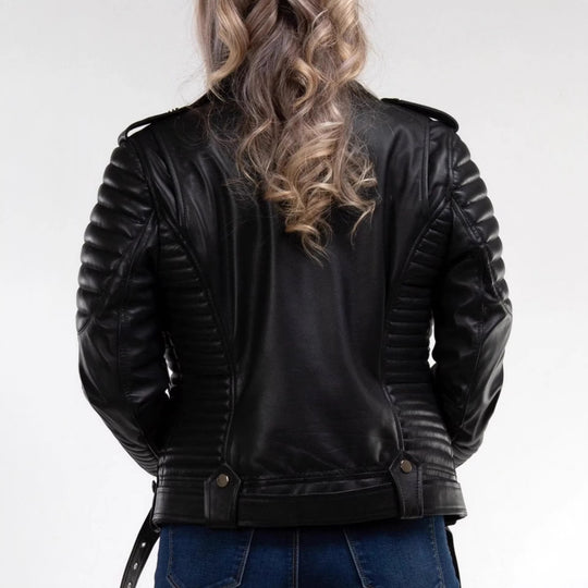 Damen Modische Lederbikerjacke mit Steppdetails