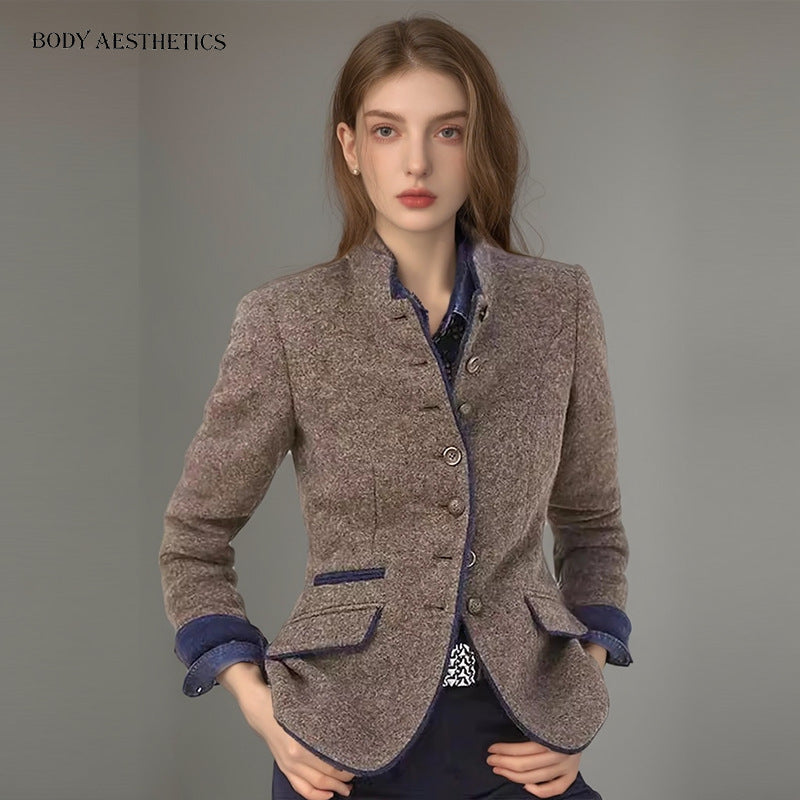 Damen Kurzblazer mit Stehkragen und Samtbesatz Shop Nory