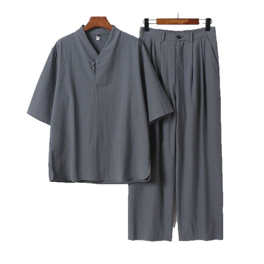 Herren Zweiteiliges Leichtes Kimono-Loungewear-Set mit Stehkragen Knotenverschluss Kurzarm und weiter Bundhose Shop Nory