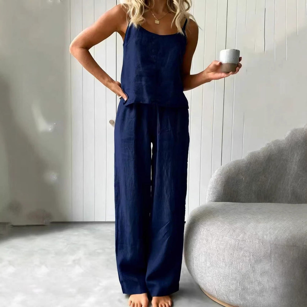 Damen lässiges Leinen-Set mit Trägershirt und weiten Hosen Shopnory