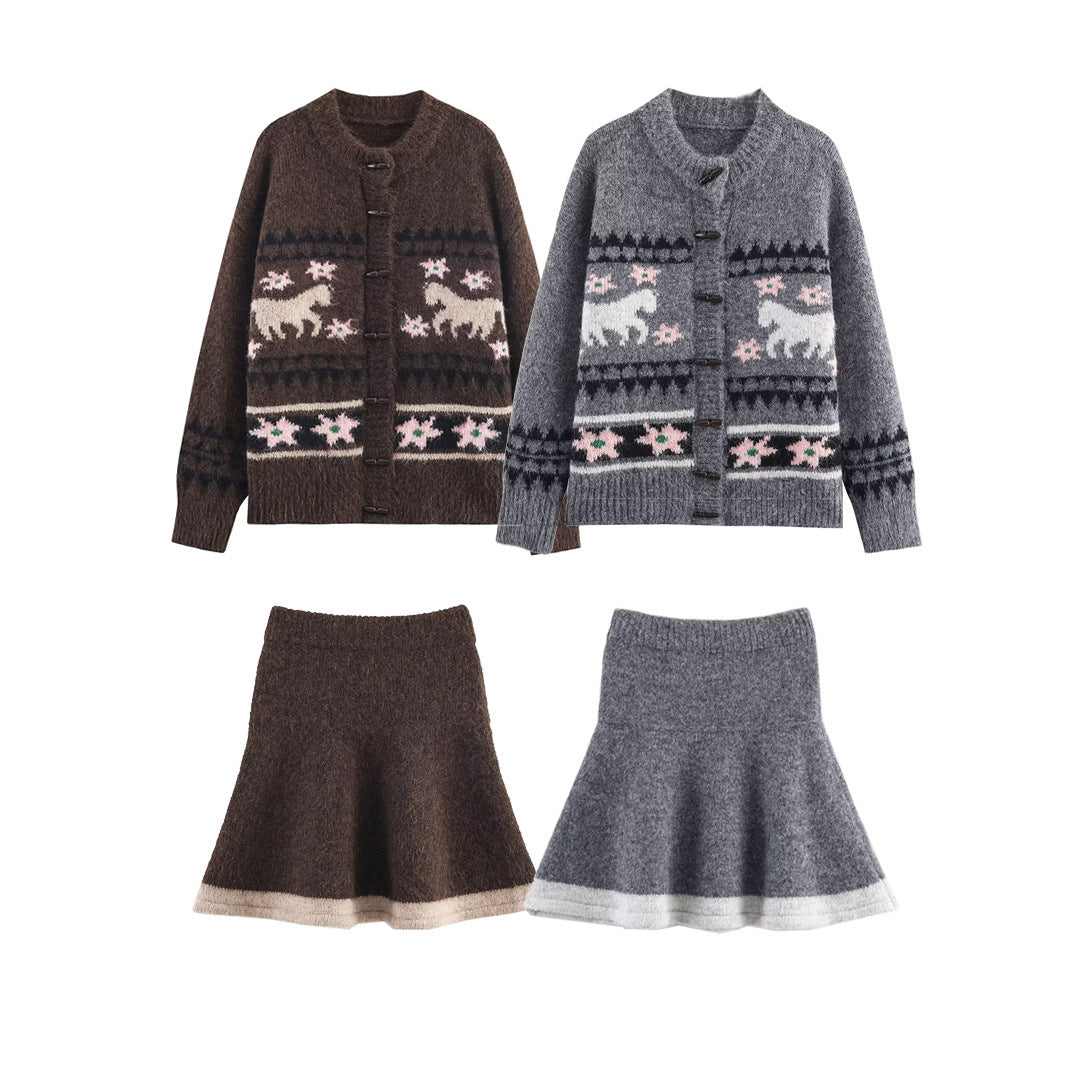 Damen Zweiteiliges Strick-Set mit Norwegermuster-Cardigan und ausgestelltem Rock Shop Nory