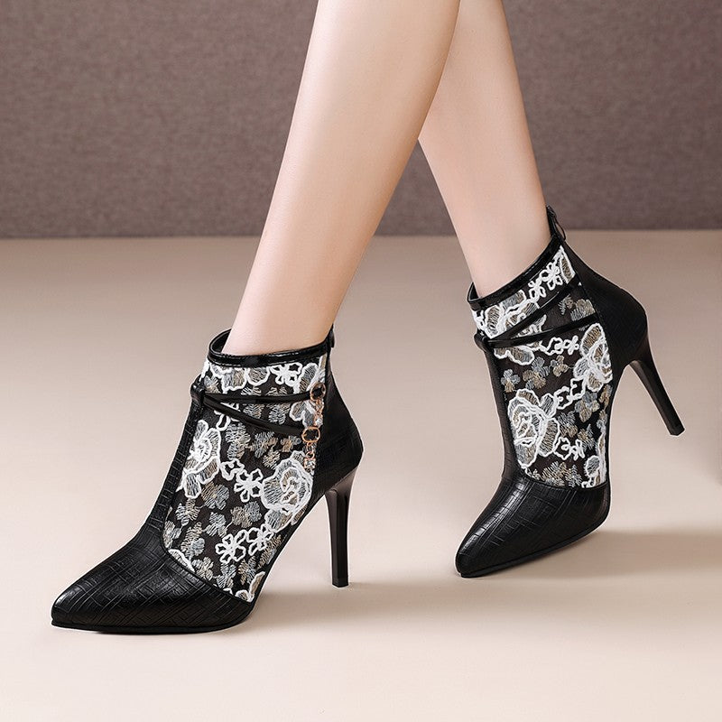 Damen Elegante High Heel Stiefeletten mit transparentem Spitzendesign