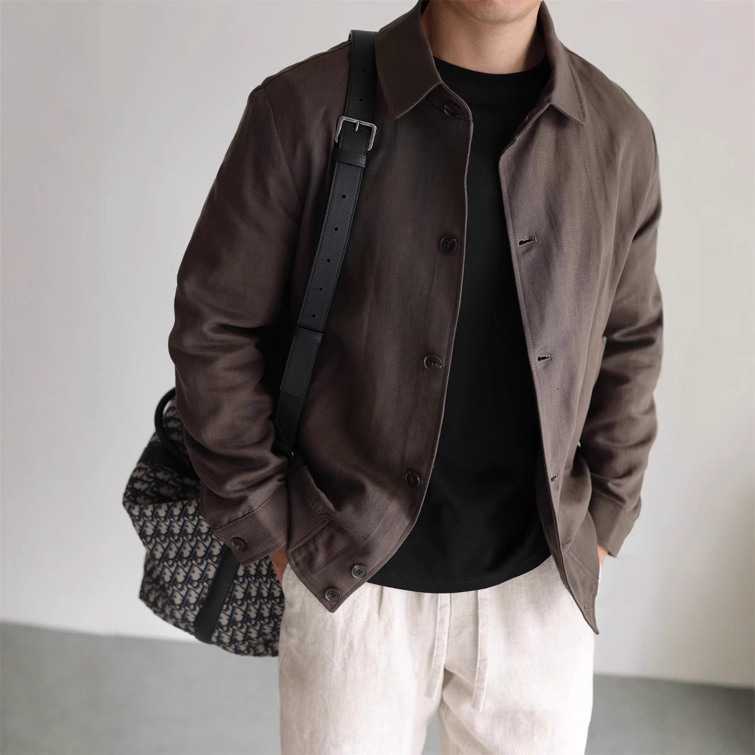 Herren Leichte Leinenjacke mit Hemdkragen und durchgehender Knopfleiste Shop Nory