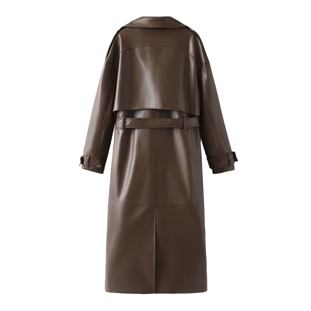 Damen Kunstleder-Trenchcoat mit modischem Schnitt und praktischen Taschen