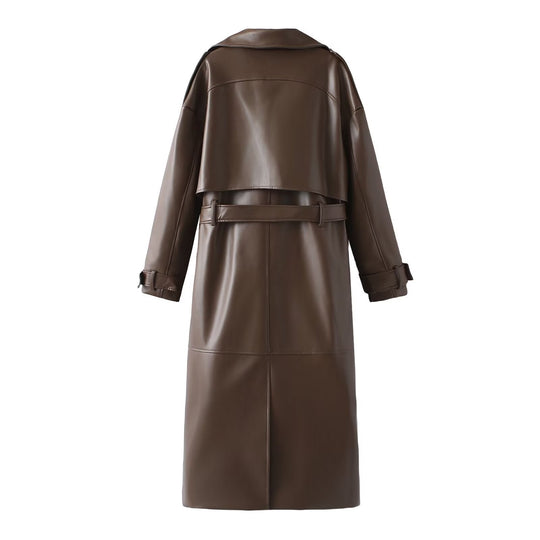 Damen Kunstleder-Trenchcoat mit modischem Schnitt und praktischen Taschen