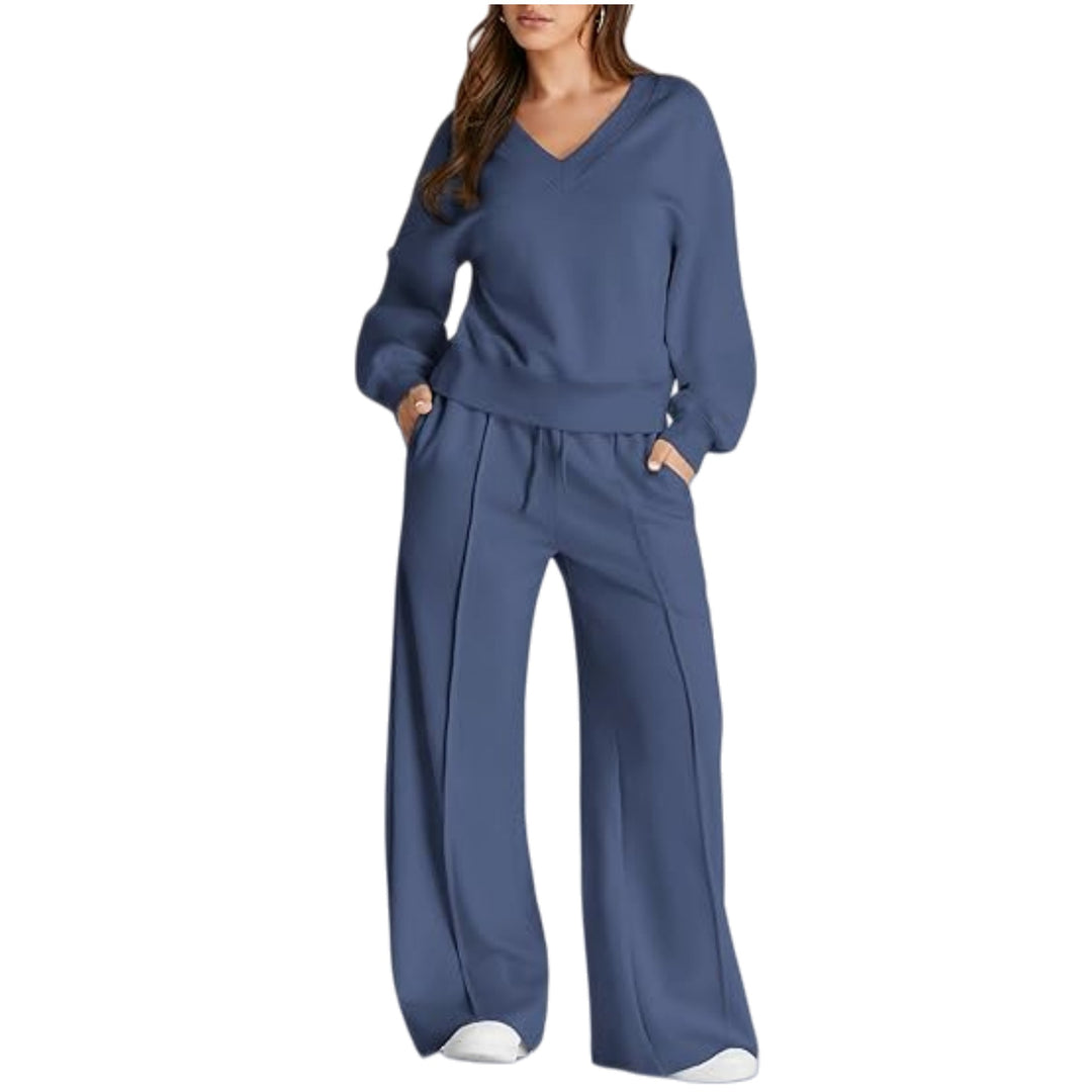 Damen Lässiges V-Ausschnitt Freizeit-Set mit weiter Jogginghose Shop Nory