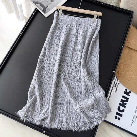Damen Langer Strickrock mit fransigem Saum und strukturiertem Design Shop Nory