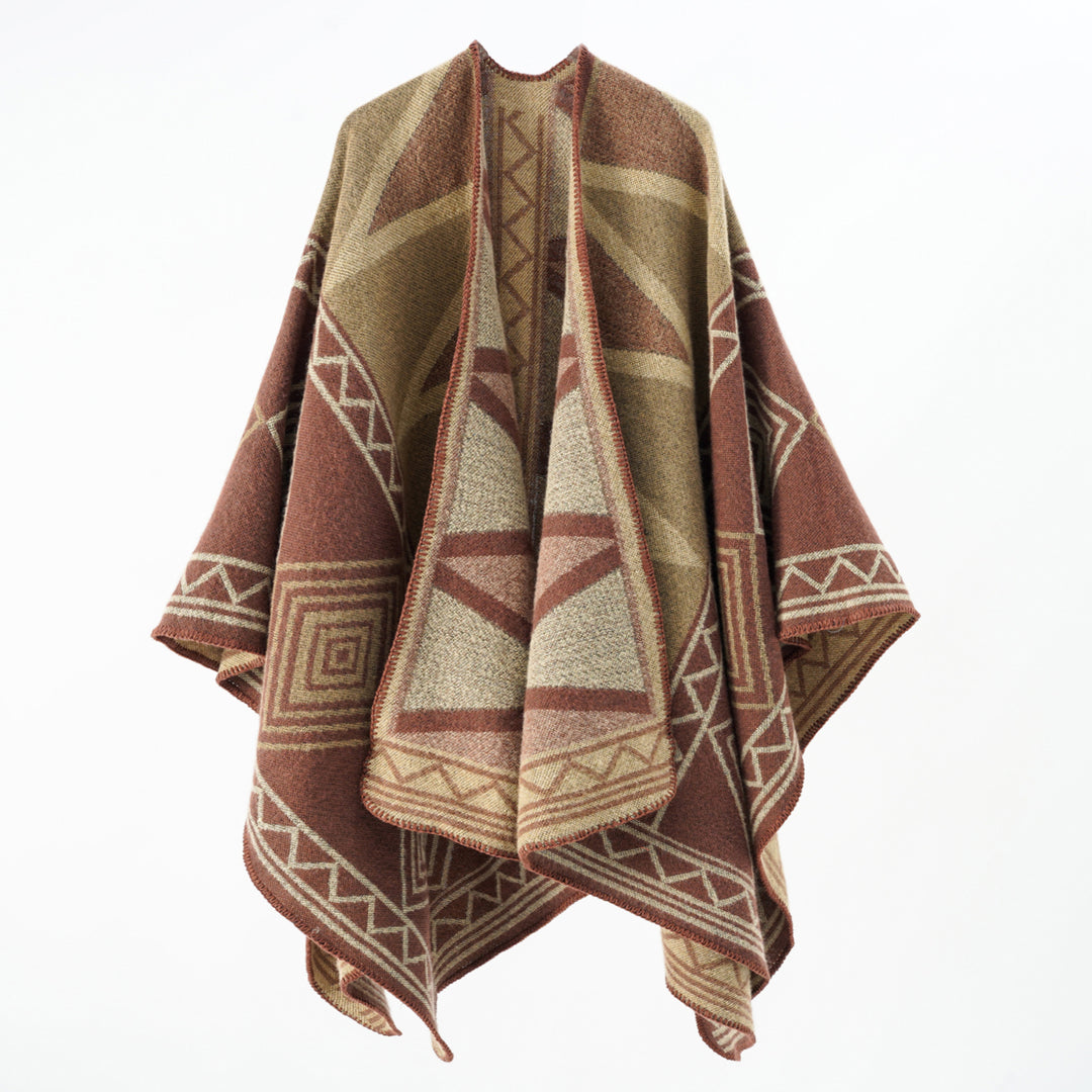 Damen Geometrischer Wollmix-Überwurfponcho mit Kettelkante Shop Nory