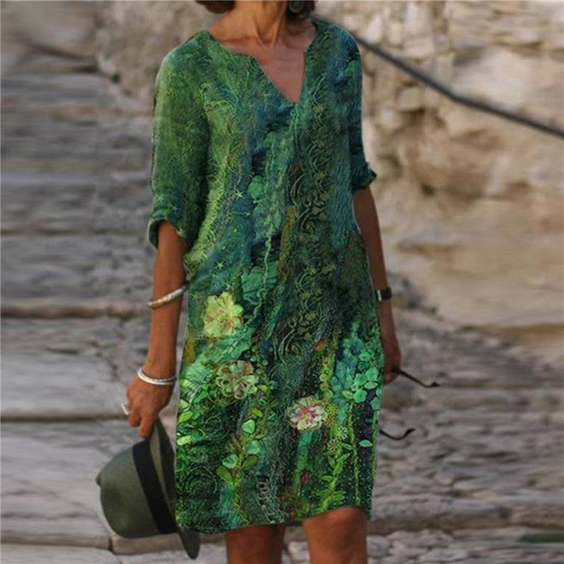 Damen Freizeitkleid mit floralem Design und V-Ausschnitt