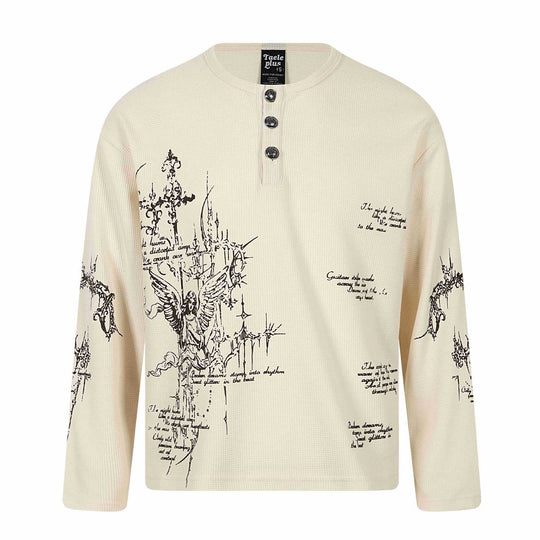 Unisex Waffelstrick-Henley-Langarmshirt mit 3‑Knopfleiste und Allover-Print Shop Nory