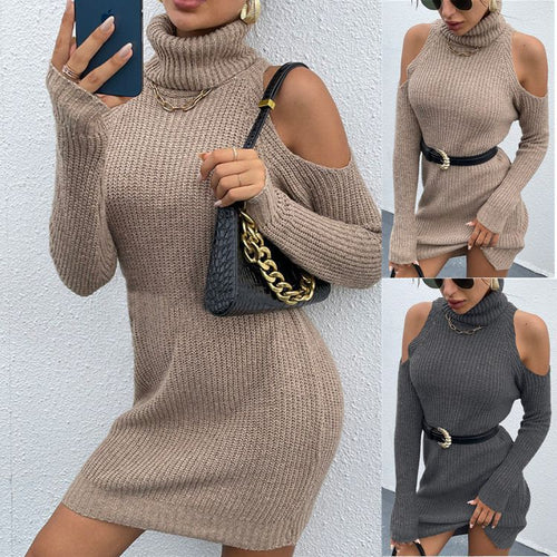 Damen Strickkleid mit offenen Schultern und hohem Kragen