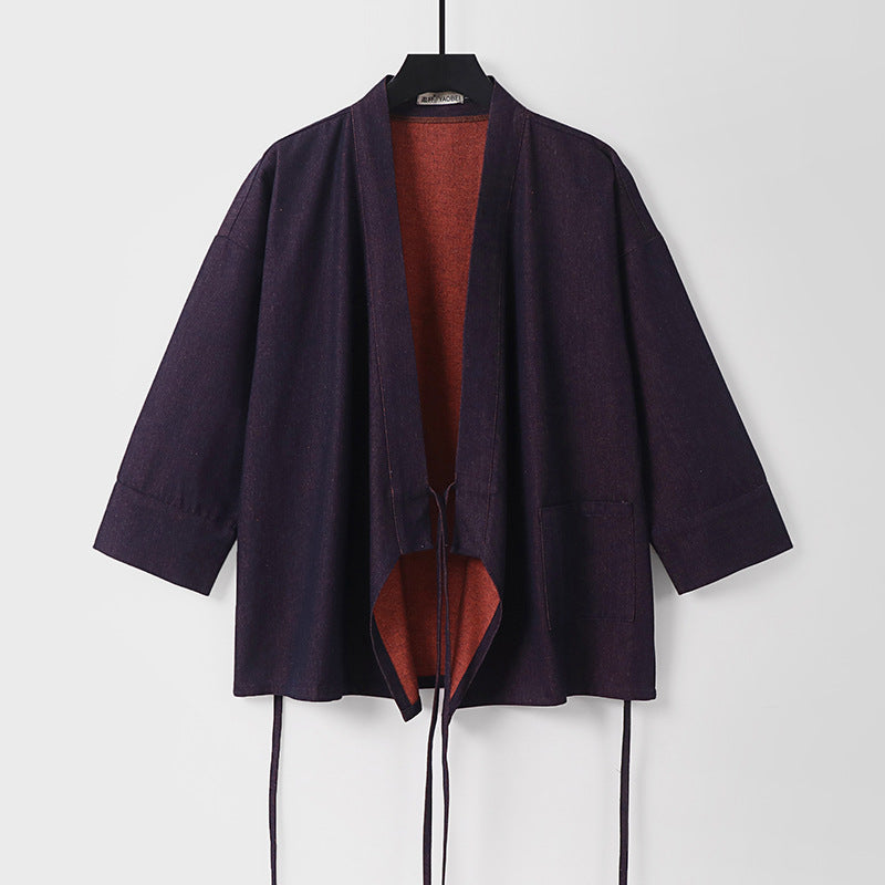 Damen Leichte zweifarbige Kimono-Jacke mit Bindebändern und kontrastiertem Innenfutter Shop Nory