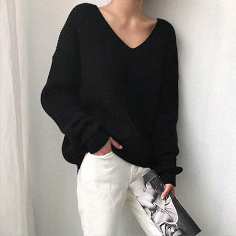 Damen lässiger Strickpullover mit V-Ausschnitt und weit geschnittenen Ärmeln