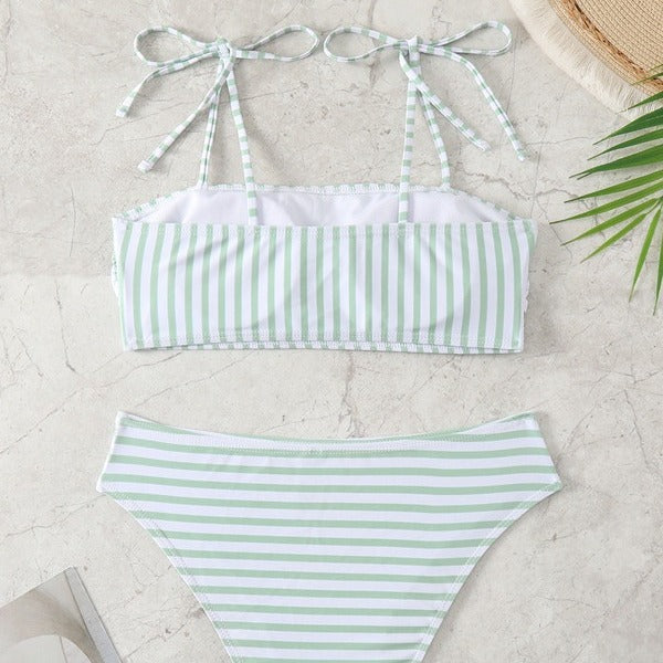 Damen Hochgeschnittener Bikini mit modischen Streifen und verstellbaren Trägern