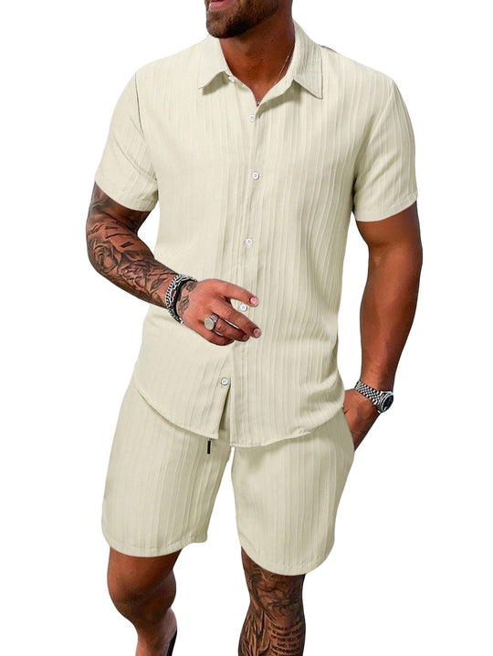 Herren nan luftiges Kurzarm-Hemd mit offenem Revers und passender Freizeishorts aus strukturierter Baumwollmischung Shopnory