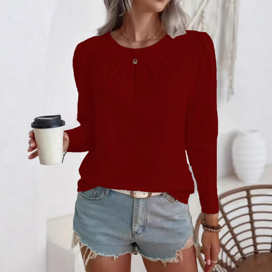 Damen leichte Strukturbluse mit gerafftem Rundhalsausschnitt und langen Ärmeln Shop Nory