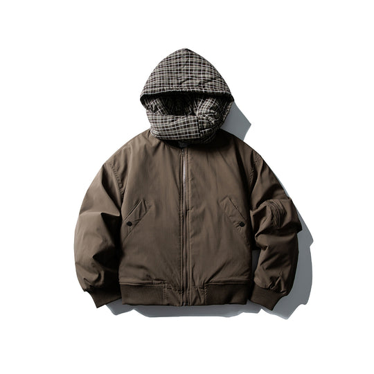 Herren Winddichter Bomberjacke mit gesteppter karierter Kapuze und integriertem Schal Shop Nory