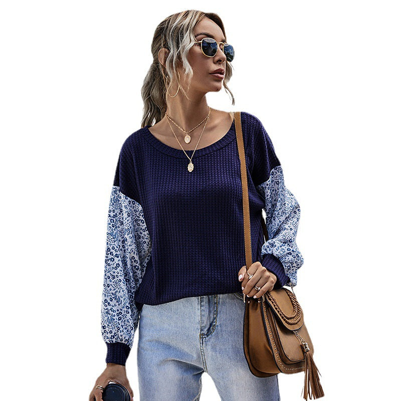 Damen Leichter Waffelstrick-Pullover mit floral gemusterten Balloonärmeln Shop Nory