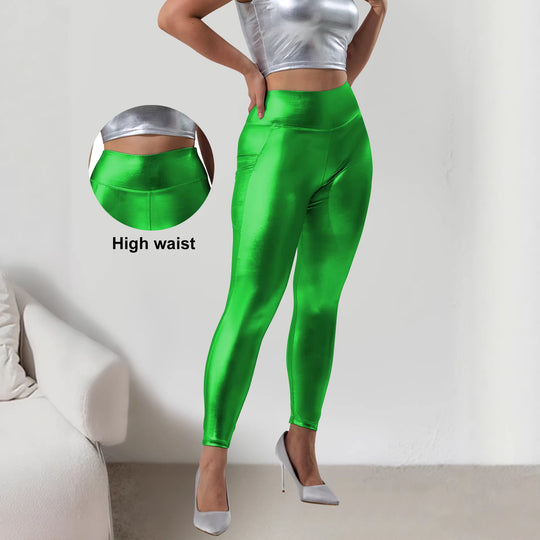 Damen Glänzende High‑Waist Capri-Leggings mit Smartphone-Seitentasche Shopy Nory
