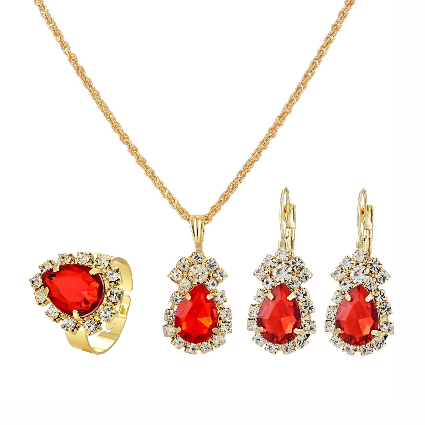 Damen Schmuckset mit funkelnden roten Steinen und eleganten goldenen Akzenten Shop Nory