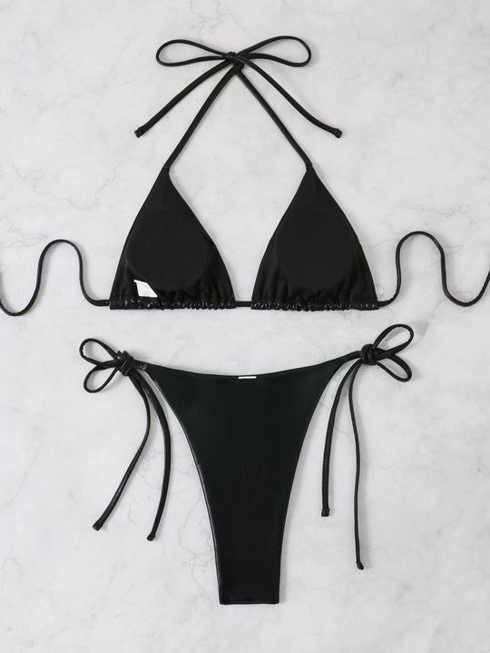 Damen Glänzendes Triangel-Bikini-Set mit verstellbaren Bändern