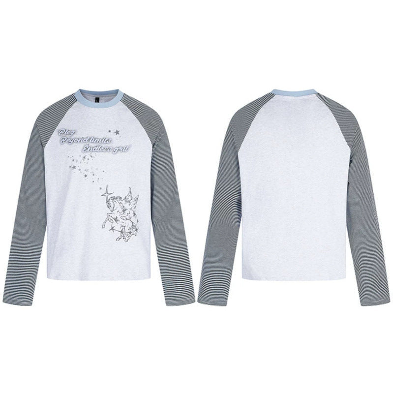 Damen Raglan-Langarmshirt im Astral-Motiv mit feinen Streifenärmeln und Relief-Print Shop Nory