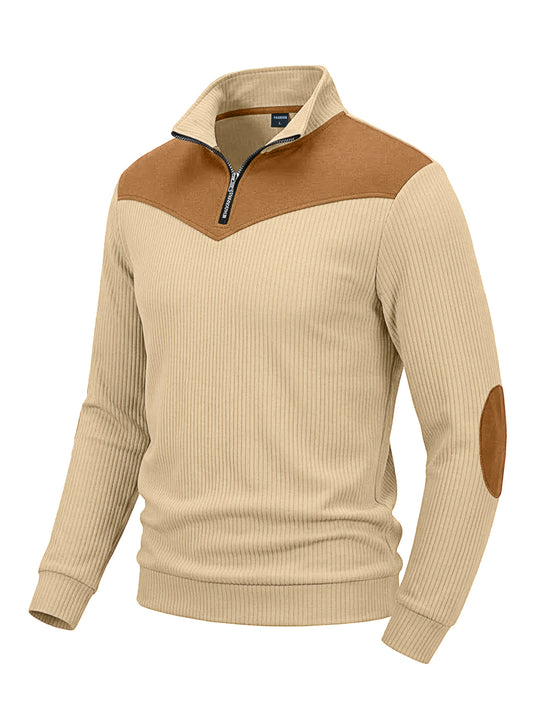Herren Strickpullover mit Troyerkragen, Rippenstruktur und Ellbogen-Patches Shop Nory