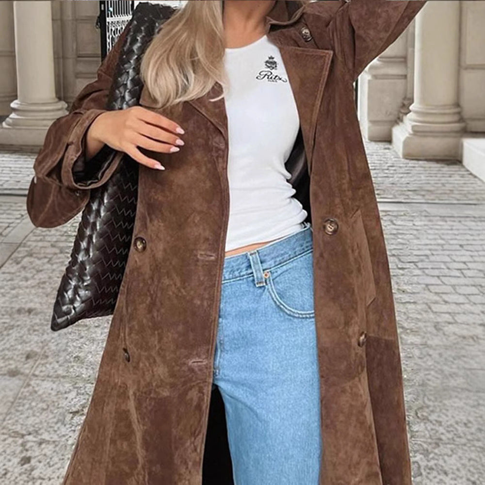 Damen Langer Doppelreihiger Trenchcoat aus Veloursleder-Optik mit Taillengürtel Shop Nory