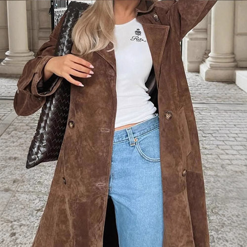 Damen Langer Doppelreihiger Trenchcoat aus Veloursleder-Optik mit Taillengürtel Shop Nory