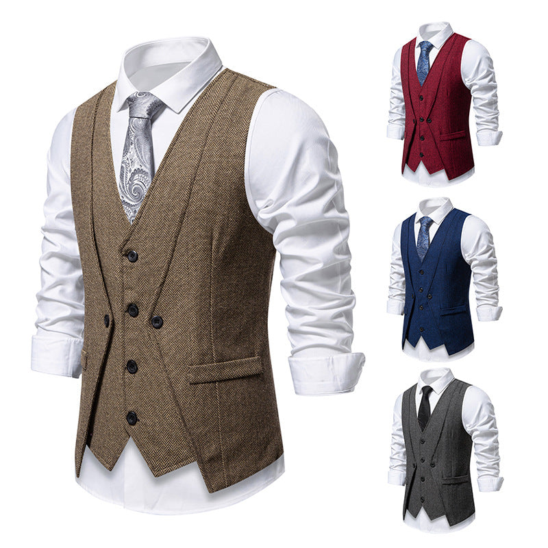 Herren Elegante Fischgräten-Tweedweste mit doppelreihiger Knopfleiste und Pattentaschen Shop Nory