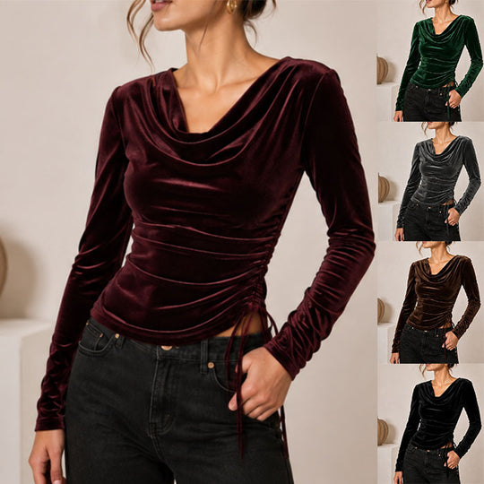 Damen Samtoberteil mit Wasserfallkragen, seitlicher Raffung und Schnürdetail Shop Nory