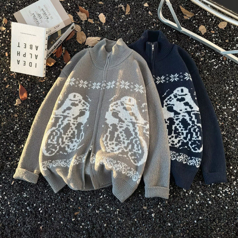 Unisex Übergroße Strickjacke mit durchgehendem Reißverschluss, hohem Rippkragen und Eulen-Intarsien Shop Nory