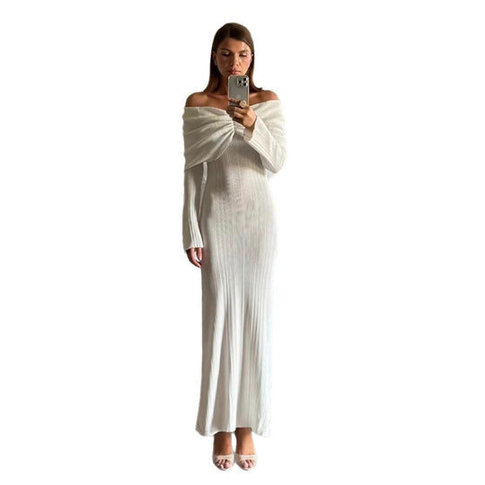 Damen Schulterfreies Maxikleid aus geripptem Feinstrick mit drapiertem Carmen‑Ausschnitt und figurnaher Silhouette Shop Nory