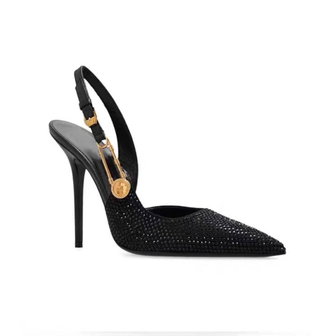 Damen Slingback‑Pumps mit spitzer Zehenform, sculpted Metall‑Ferse und Schmuckdetail Shop Nory
