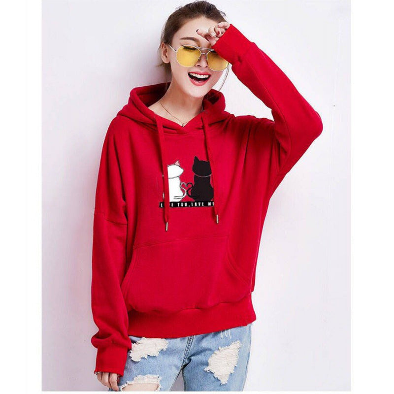Damen Kapuzenpullover mit Katzen-Print, lockerem Schnitt und Kängurutasche Shop Nory