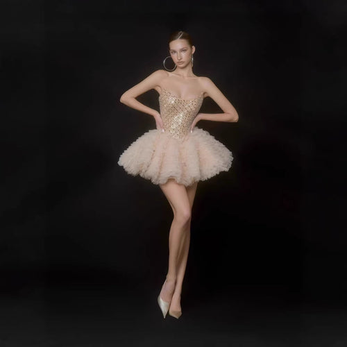 Damen Glamouröses Tüll-Cocktailkleid mit schimmerndem Oberteil