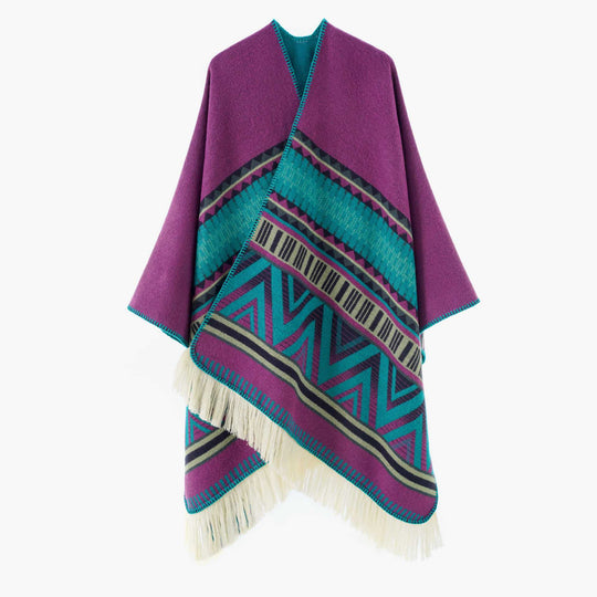 Damen Jacquard‑Ruana mit Fransen und folklorem Muster Shop Nory