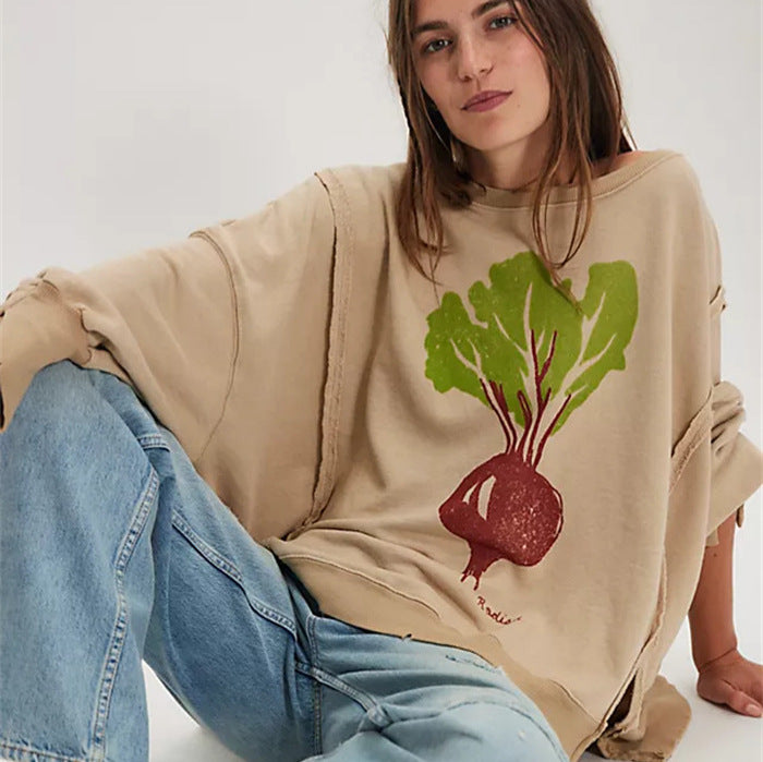 Damen oversized Sweatshirt mit Rüben-Print, ausgefransten Nahtakzenten und Daumenlochärmeln Shop Nory