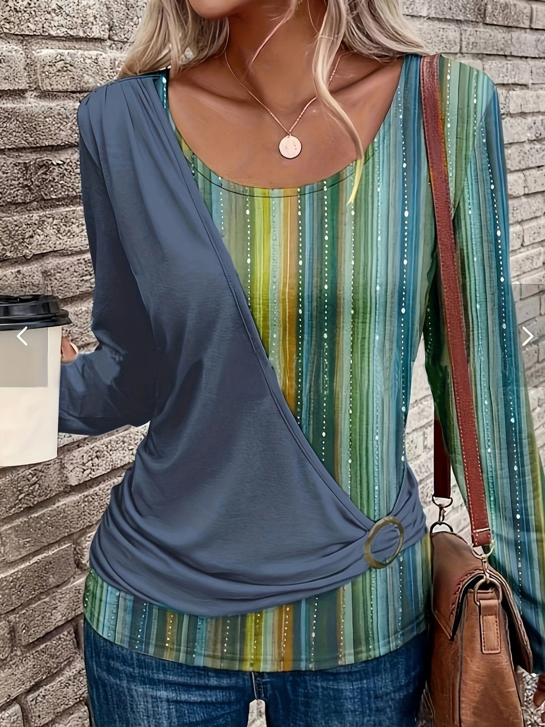 Damen Lagenlook Wickel‑Shirt mit asymmetrischer Drapierung und gestreiftem Unterteil Shop Nory