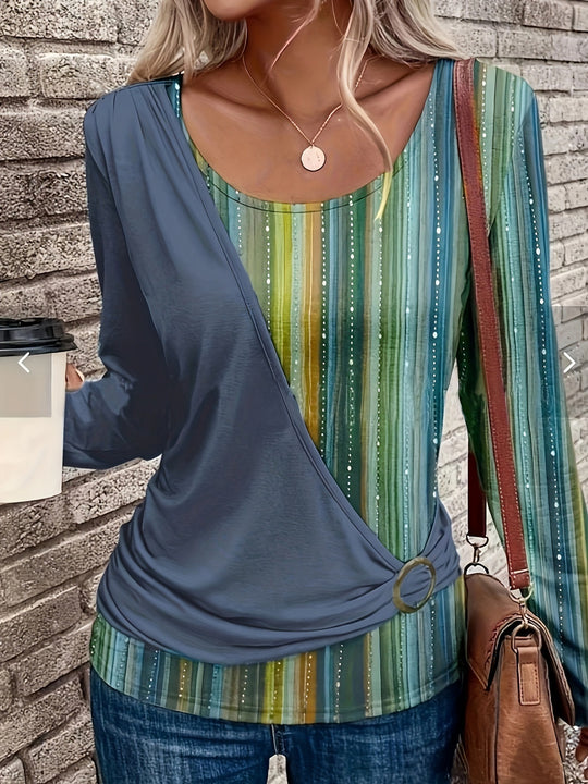 Damen Lagenlook Wickel‑Shirt mit asymmetrischer Drapierung und gestreiftem Unterteil Shop Nory